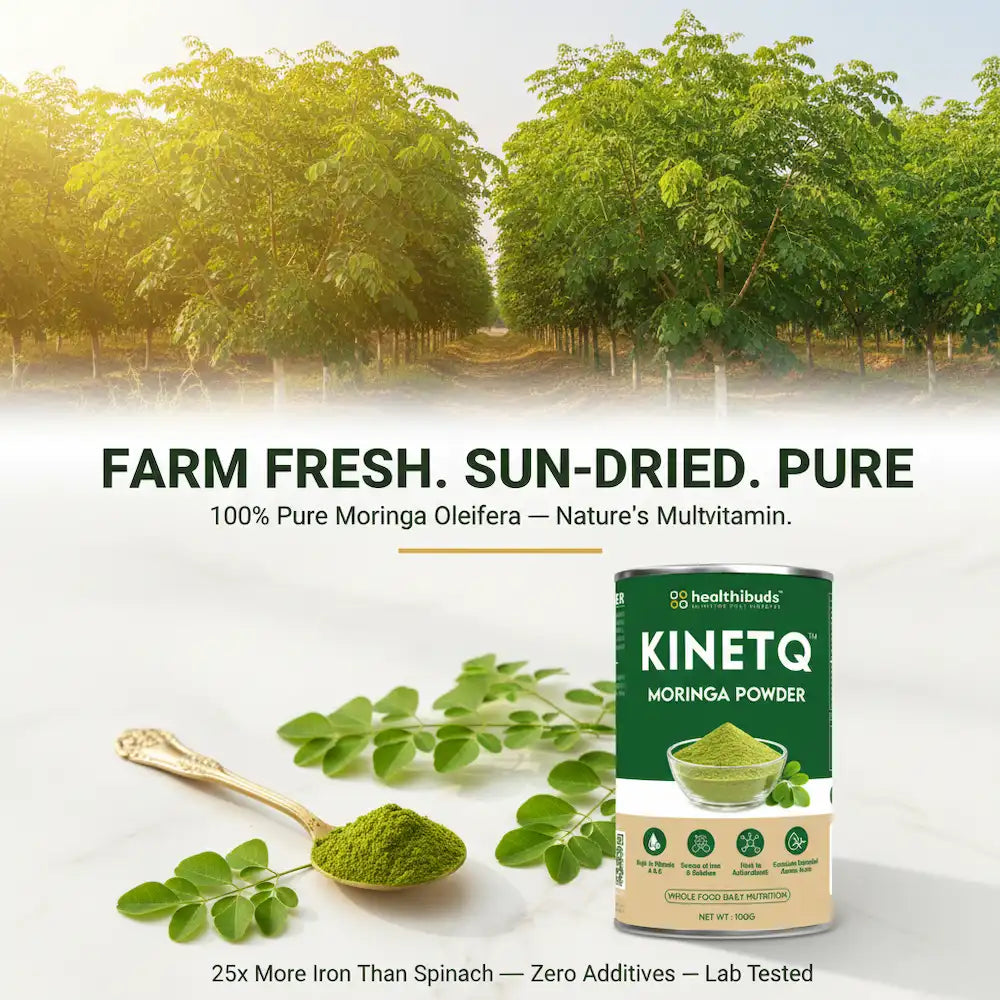 KinetQ Moringa Powder packaging with moringa leaves and powder on a white background, featuring trees in the background.
