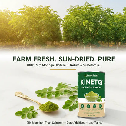 KinetQ Moringa Powder packaging with moringa leaves and powder on a white background, featuring trees in the background.