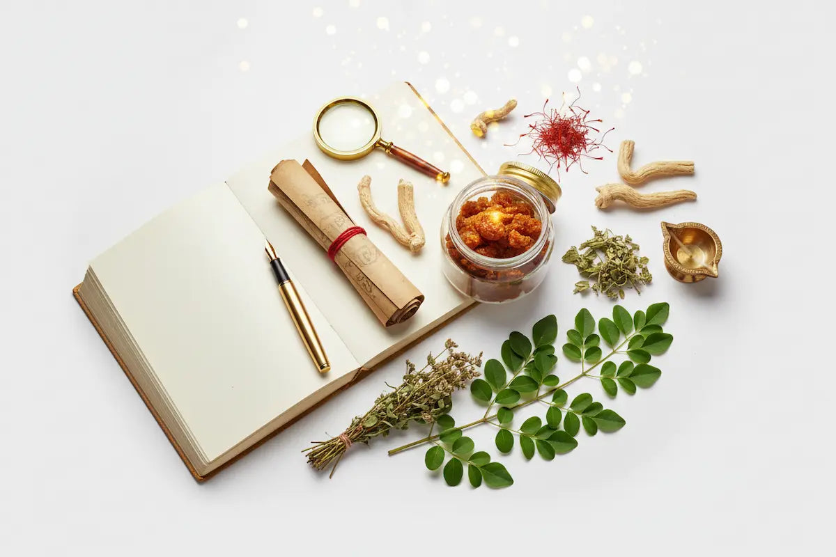Herbal remedies and a notebook on a white background