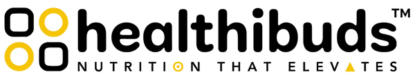 Healthibuds logo on a white background, featuring black text with yellow accents and a grid of four geometric icons.