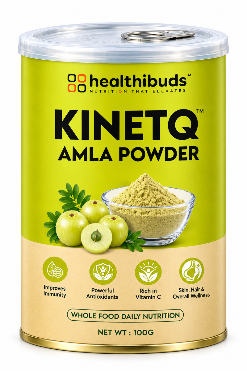 A 100g canister of Healthibuds KinetQ Amla Powder, featuring a bright lime green and beige label with product imagery of fresh green amla fruits and a bowl of powder.