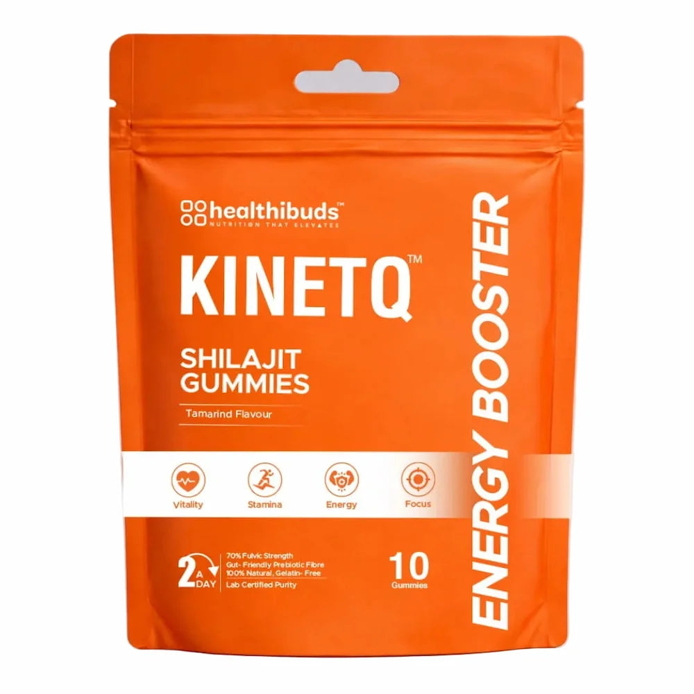 Orange package of Healthibuds Kinetq Shilajit Gummies on a white background