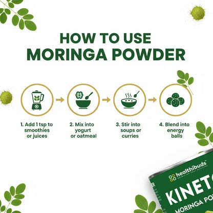 Instructions on how to use moringa powder with Healthbuds Kinetix packaging.