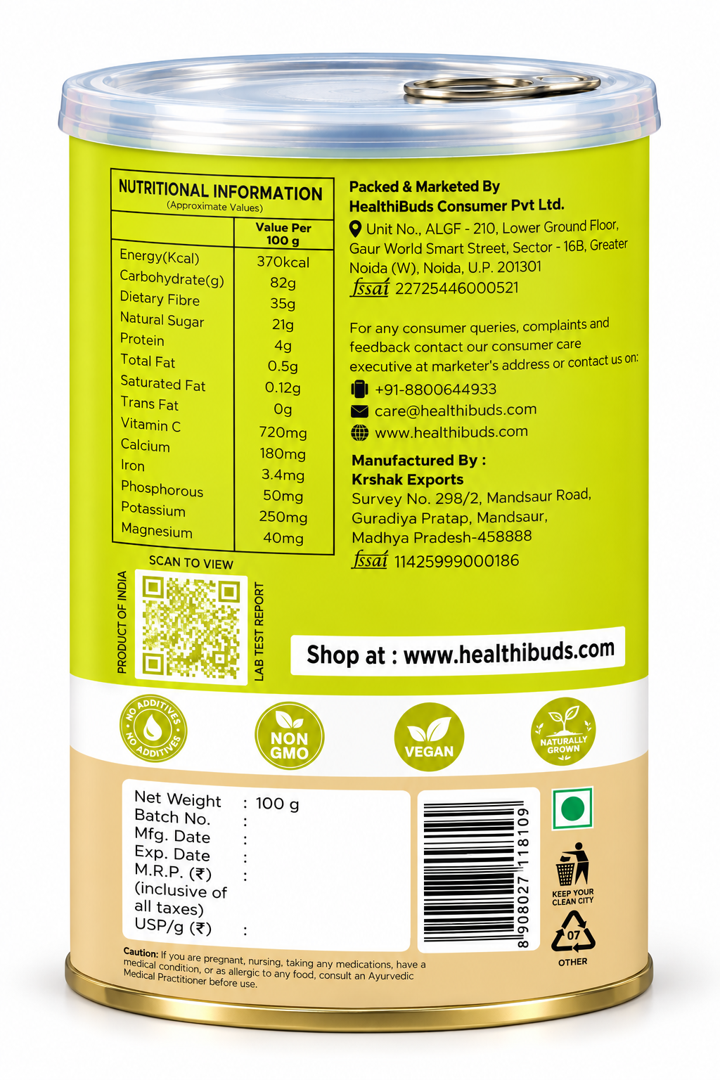 A 100g can of Healthbuds Consumer Pvt Ltd. Nutritional Information supplement powder, showing the back label with product details, nutritional facts, and a gold-colored base on a white background.