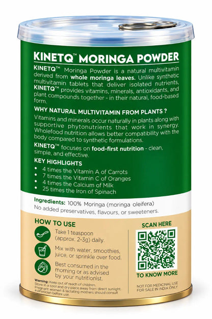 A canister of Kinetq Moringa Powder with a green and beige label, showing product details, usage instructions, and a QR code.