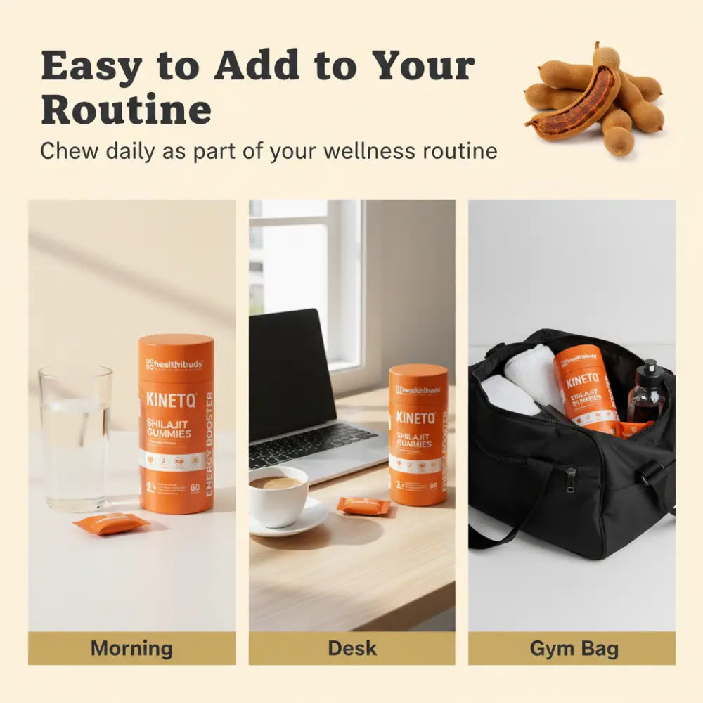Promotional image of KINETO gummies with usage scenarios at morning, desk, and gym bag.