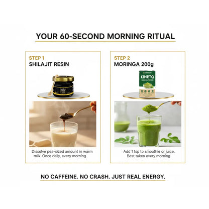 Instructions for a 60-second morning ritual with Shilajit Resin and Moringa, featuring Kinetiq products.