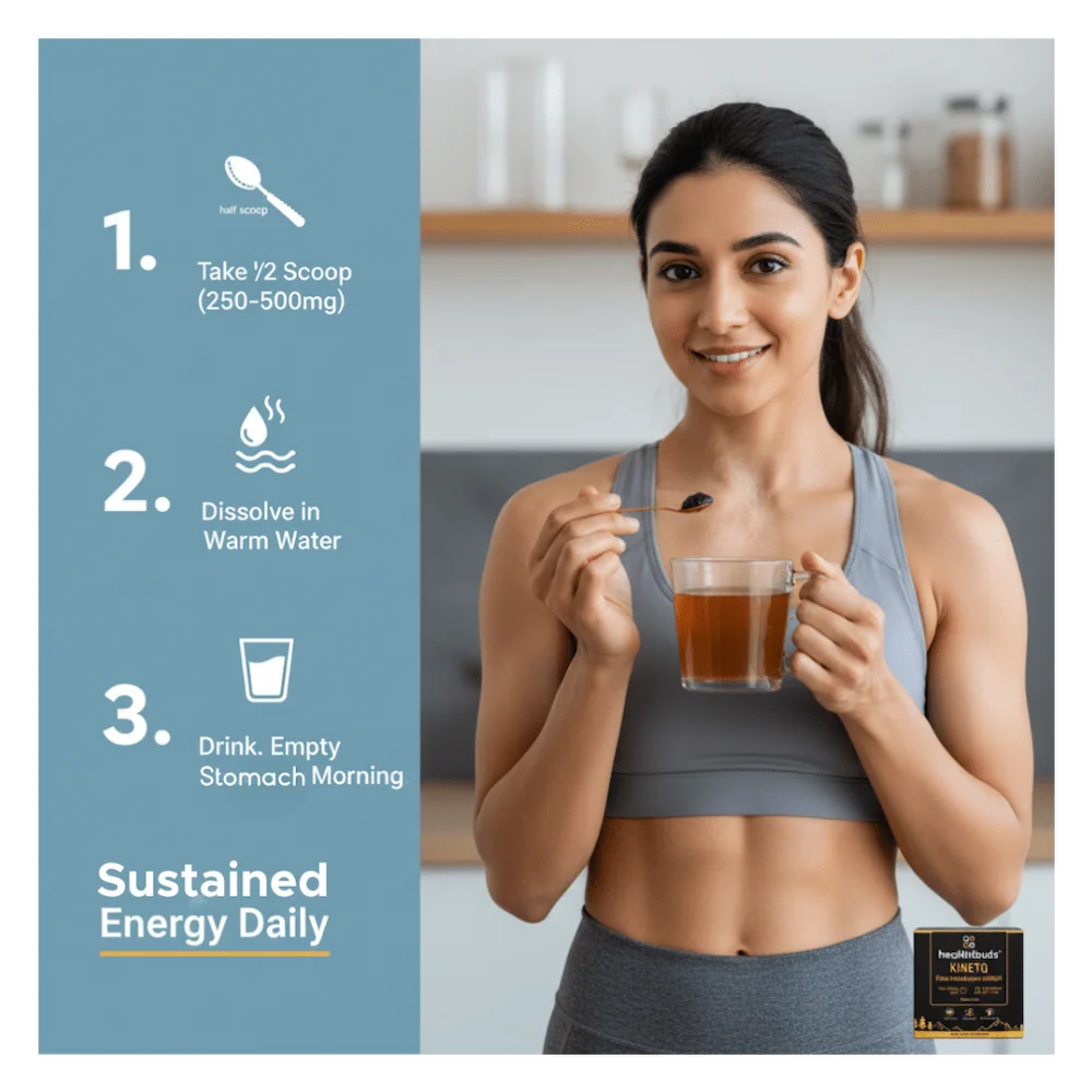 Woman holding a glass of tea with instructions on a blue background