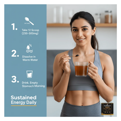 Woman holding a glass of tea with instructions on a blue background