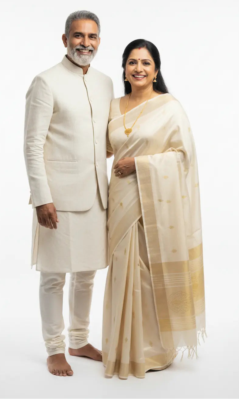 Man and woman in formal attire standing together on a white background