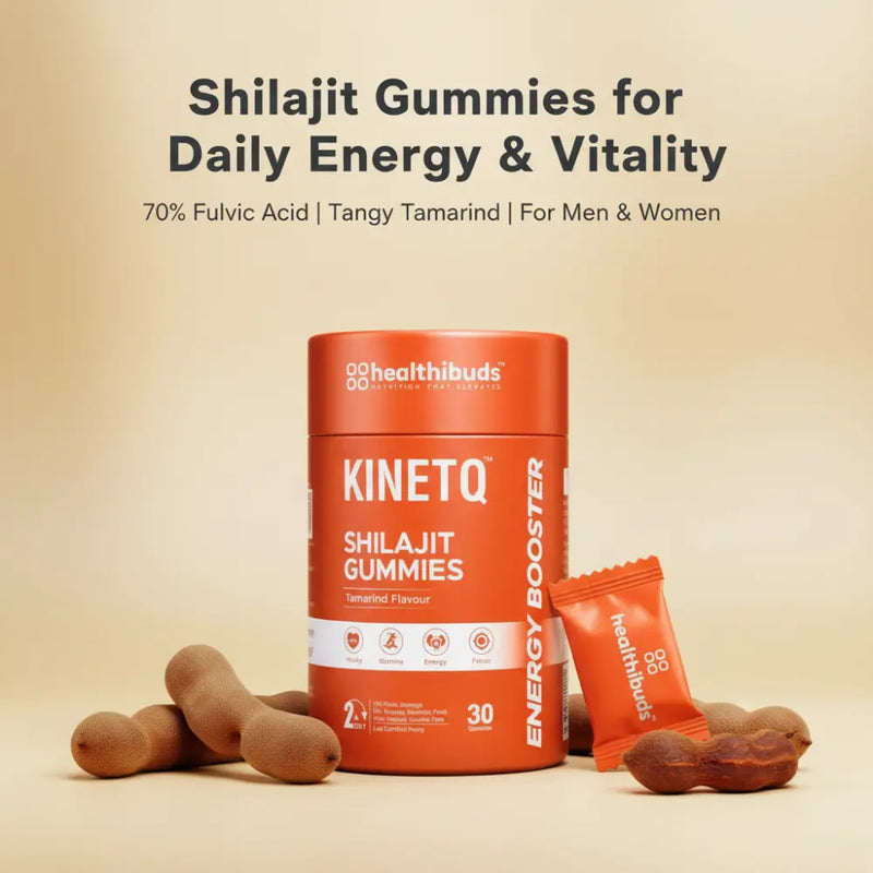 KinetQ Shilajit Gummies container with gummies on a beige background