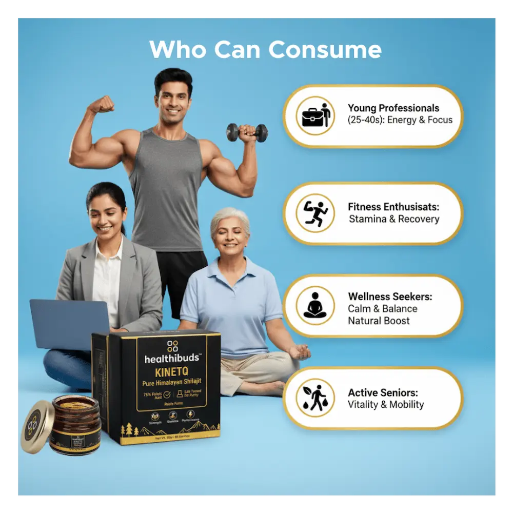 Promotional image of health products with people and text on a blue background
