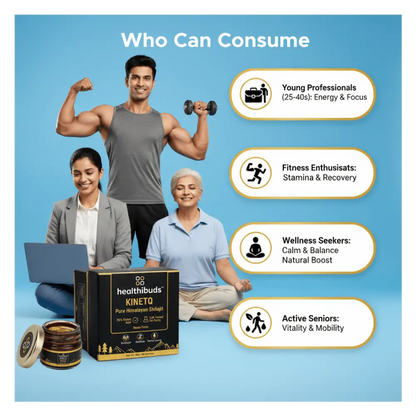 Promotional image of health products with people and text on a blue background