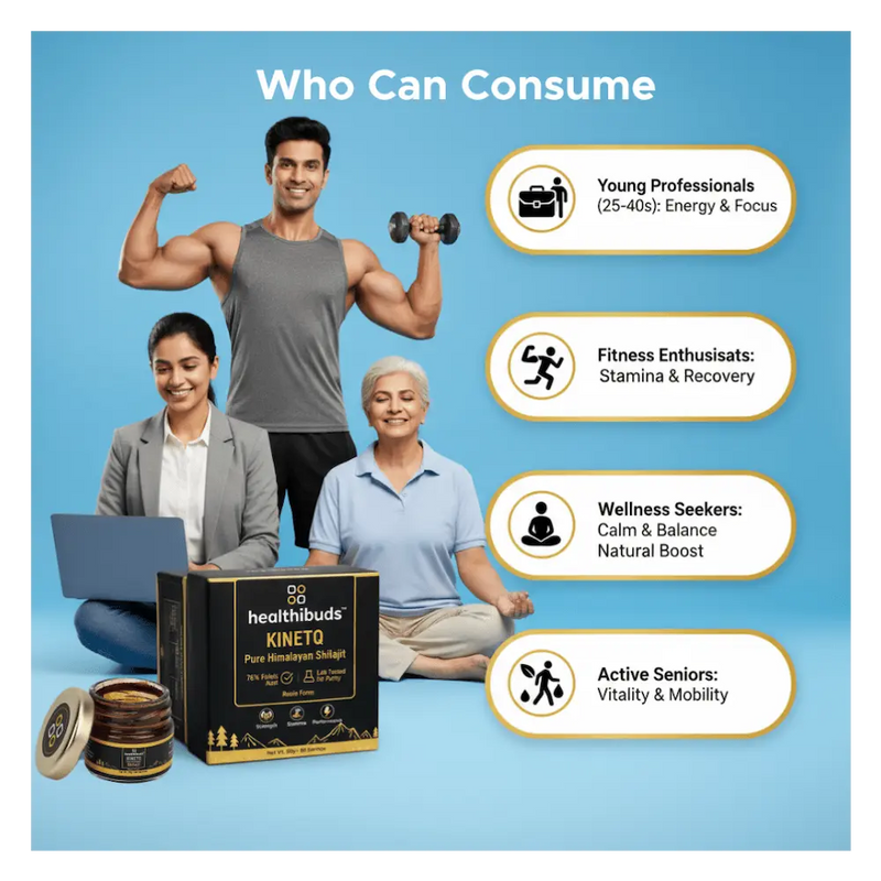 Promotional image of health products with people and text on a blue background