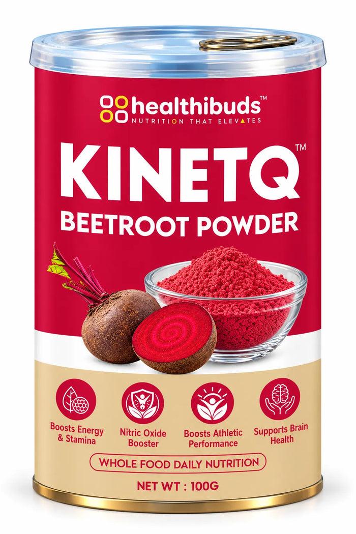 A 100g canister of Healthibuds Kinetq Beetroot Powder, featuring a red and beige label with illustrations of beetroots and a bowl of vibrant red powder.