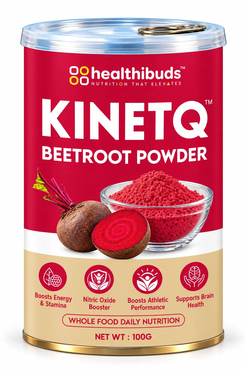 A 100g canister of Healthibuds Kinetq Beetroot Powder, featuring a red and beige label with illustrations of beetroots and a bowl of vibrant red powder.