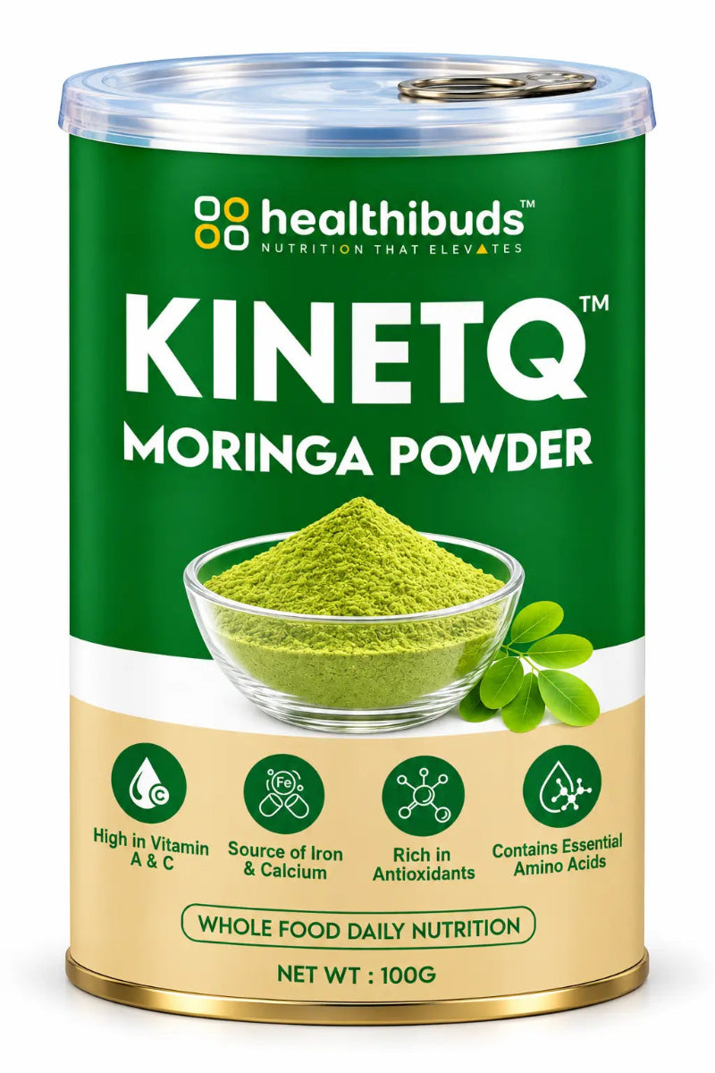 A 100g canister of Healthibuds Kinetq Moringa Powder, featuring a dark green and beige label with a bowl of green powder on the front.