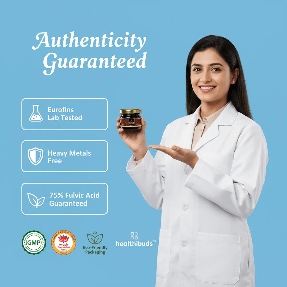 Woman in a white lab coat holding a jar with 'Authenticity Guaranteed' text and logos on a blue background.