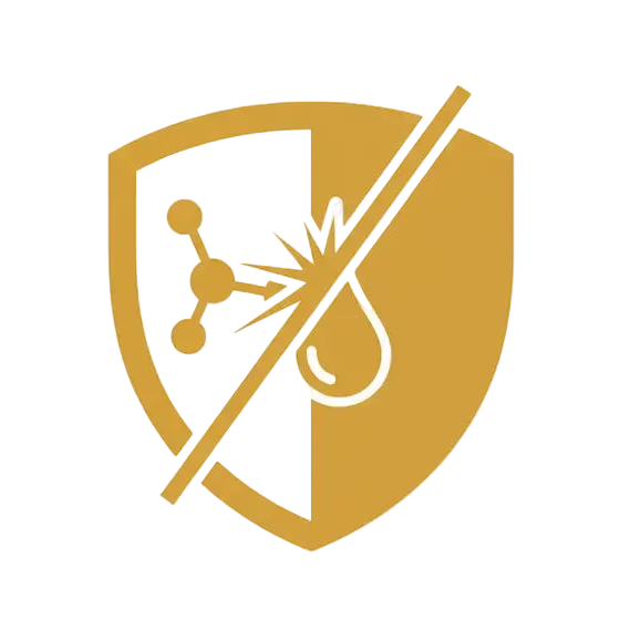 Gold shield icon with a molecular structure inside on a white background