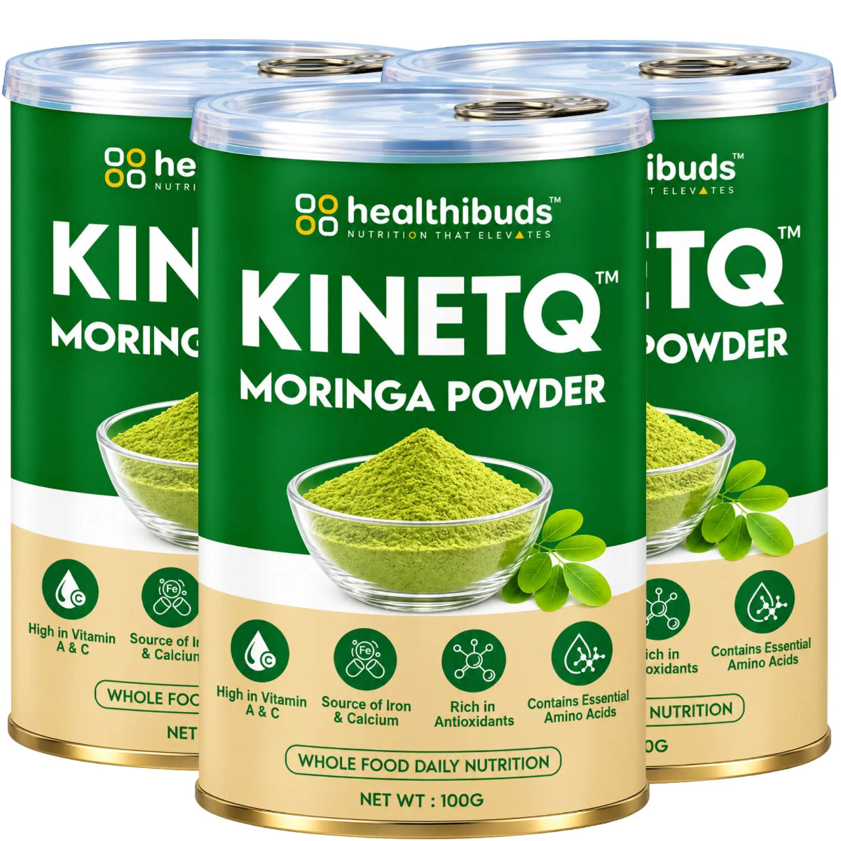 Three cans of Healthibuds Kinetq Moringa Powder arranged together on a plain white background, showing the product packaging with green and beige labels and a bowl of green powder illustration.
