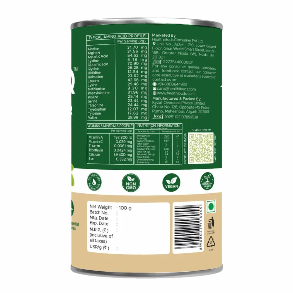 Back view of a green and beige container with nutritional information and labels.