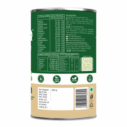 Back view of a green and beige container with nutritional information and labels.