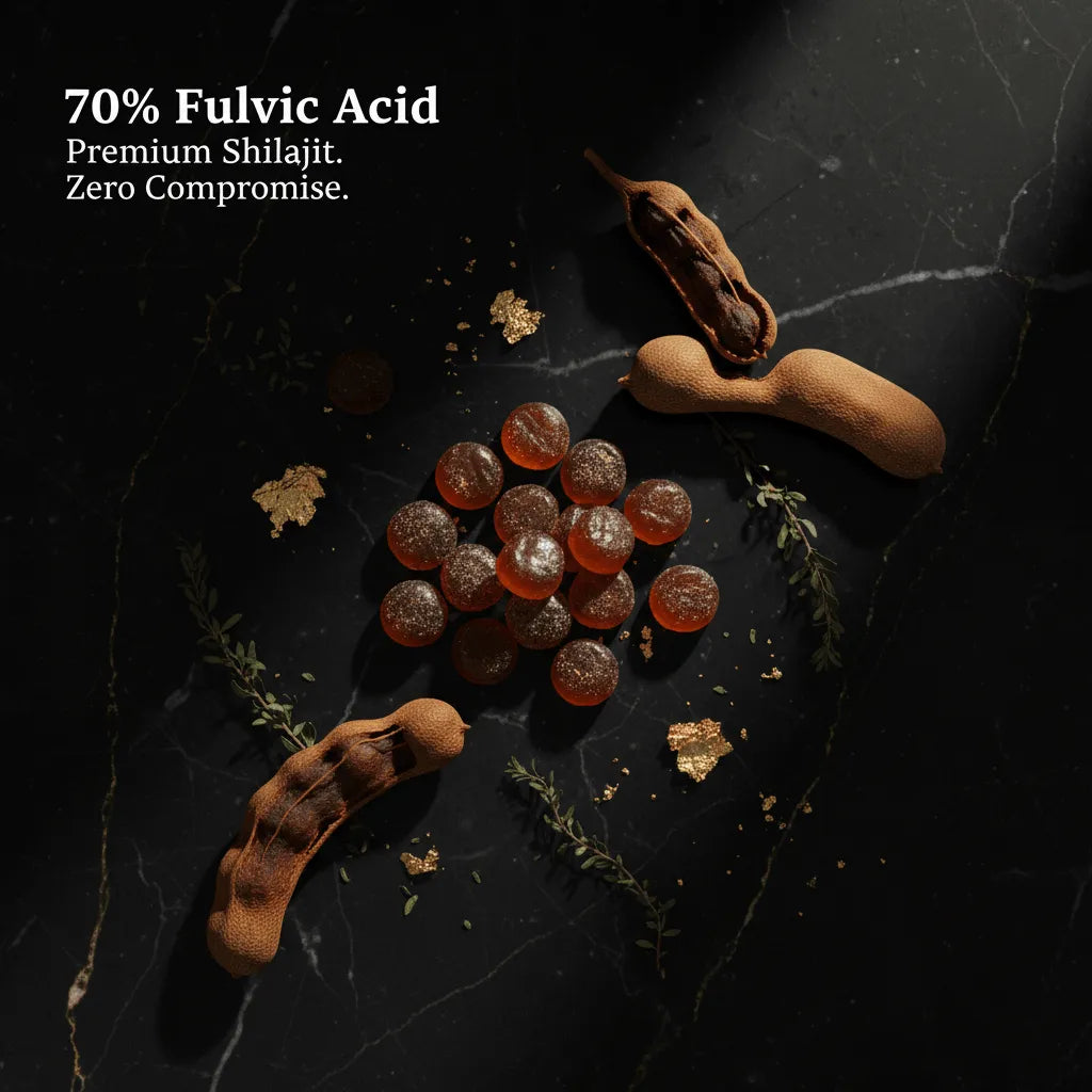 Gummy bears with tamarind pods on a dark surface, labeled '70% Fulvic Acid Premium Shilajit. Zero Compromise.'