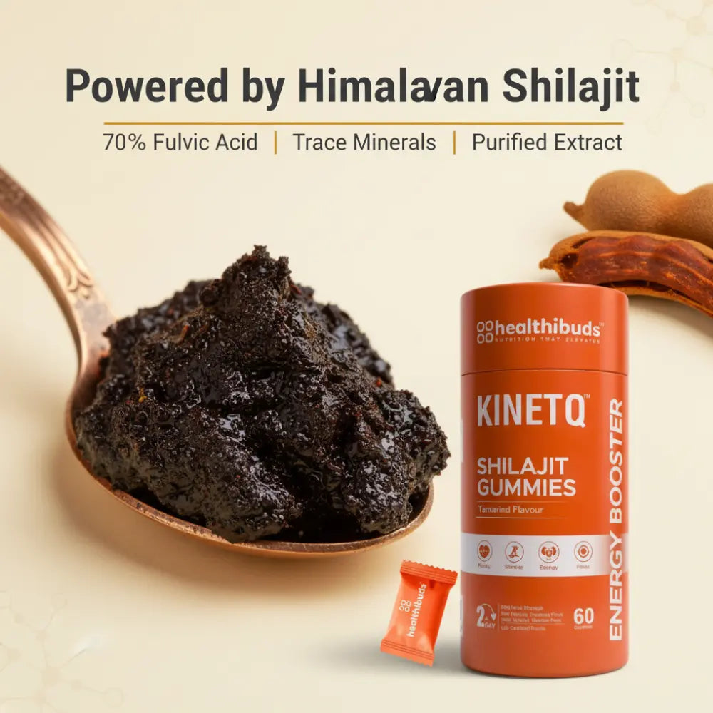Himalayan Shilajit with a spoonful on a beige background, featuring Healthibuds KINETO Shilajit Gummies.