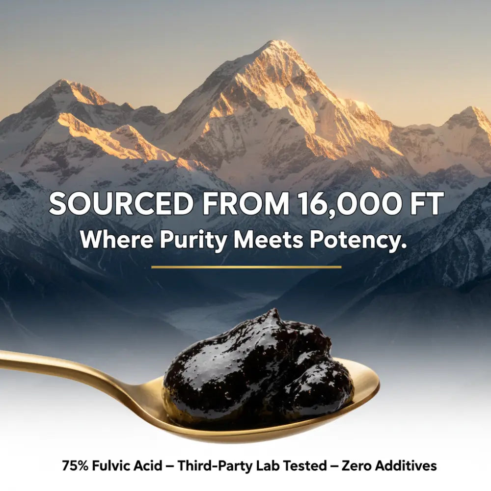 Spoon with dark substance against a mountainous background with text about sourcing and purity.