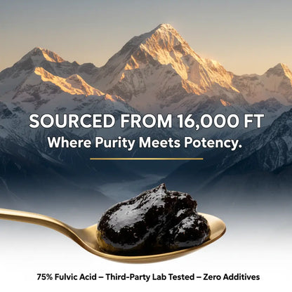 Spoon with dark substance against a mountainous background with text about sourcing and purity.