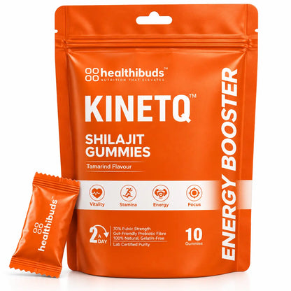 An orange stand-up pouch of healthbuds Kinetq Shilajit Gummies with a single gummy packet placed in front on a white background.