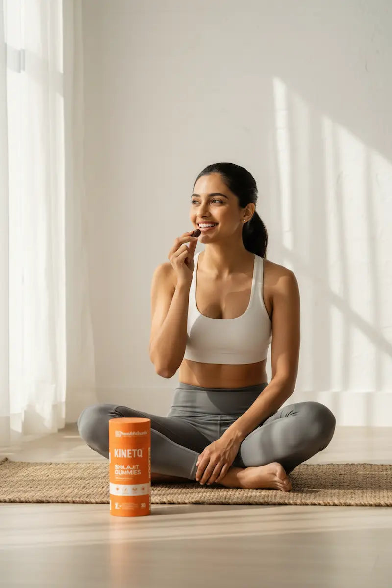 Woman sitting on a yoga mat with a supplement container next to her