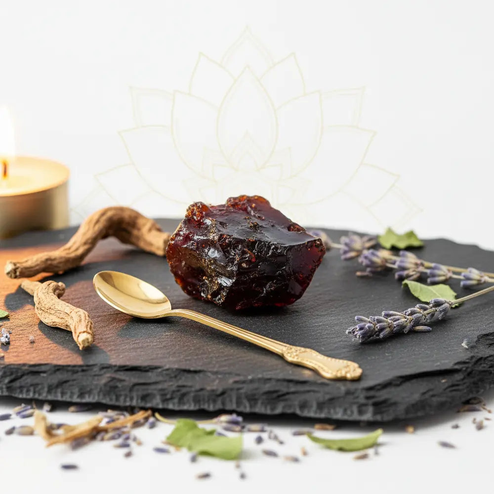 Dark brown resinous substance on a black slate with lavender and a gold spoon.