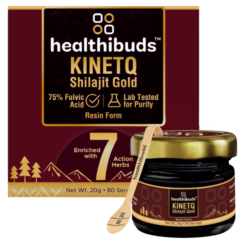 Healthibuds Kinetq Shilajit Gold packaging with jar and spoon on a white background