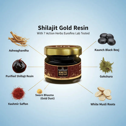 Shilajit Gold Resin with labeled ingredients on a blue background