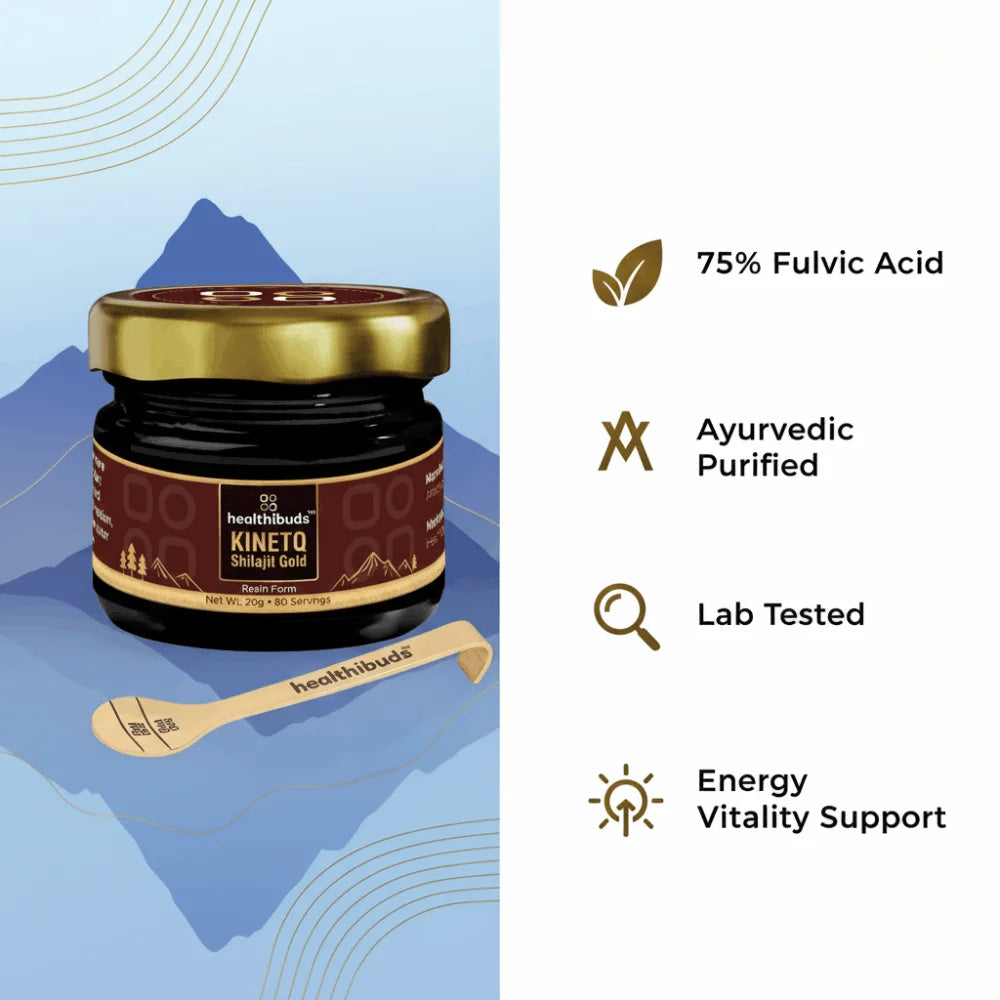 Healthbuds Kineto Shilajit Gold jar with product features on a blue background