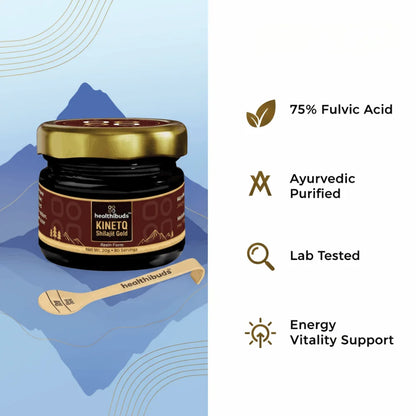 Healthbuds Kineto Shilajit Gold jar with product features on a blue background
