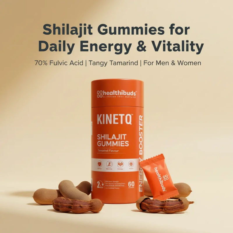 KinetQ Shilajit Gummies container with gummies on a beige background