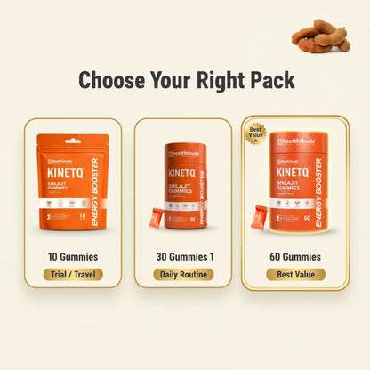 Three packaging options for KINETO gummies on a beige background