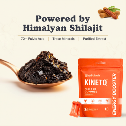 Himalayan Shilajit with a spoonful on a white background and Kinetiq Shilajit Gummies packaging.