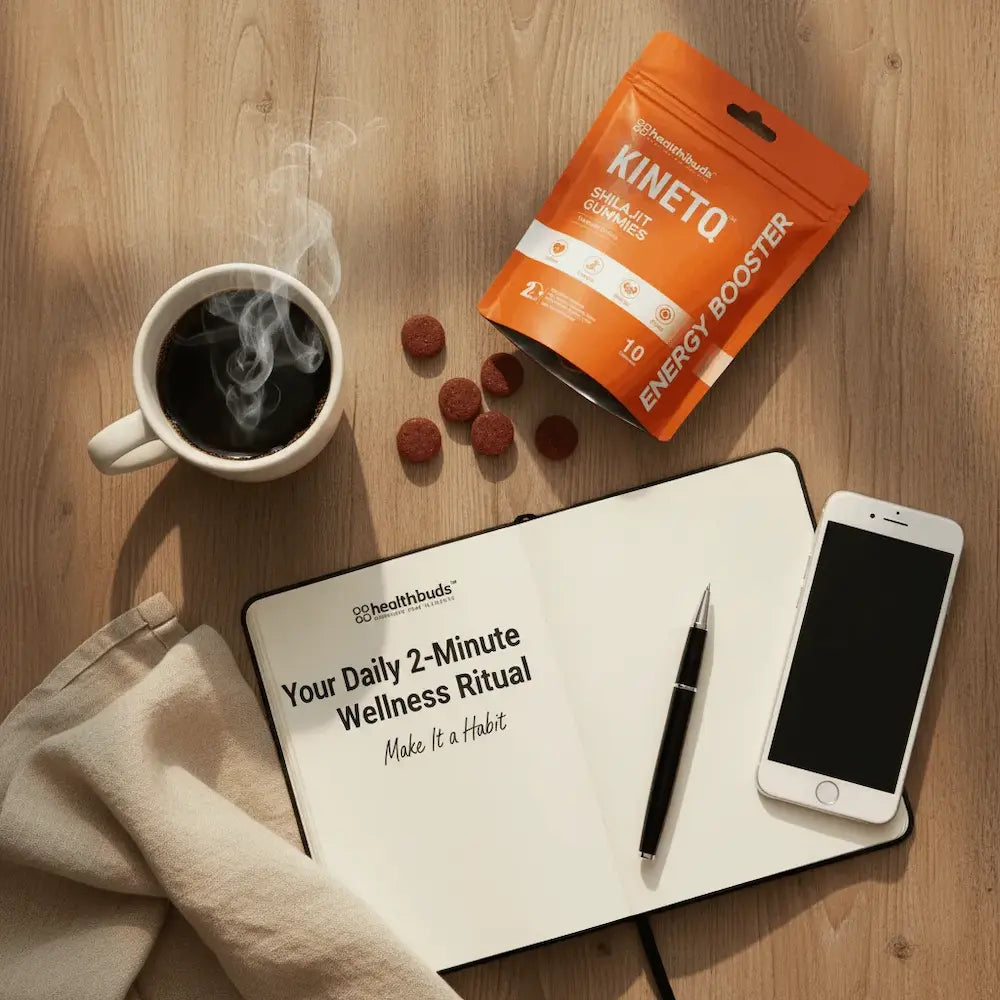 Kineta energy booster package with coffee, notebook, phone, and pen on a wooden surface