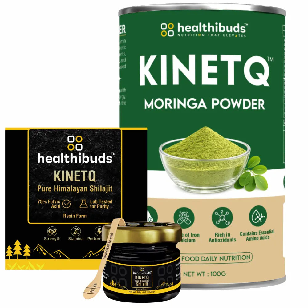 Healthibuds KinetQ Moringa Powder packaging with a bowl of green powder and a jar on a white background.