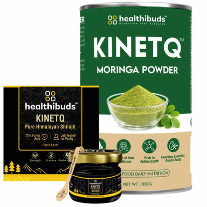 Healthibuds KinetQ Moringa Powder packaging with a bowl of green powder and a jar on a white background.