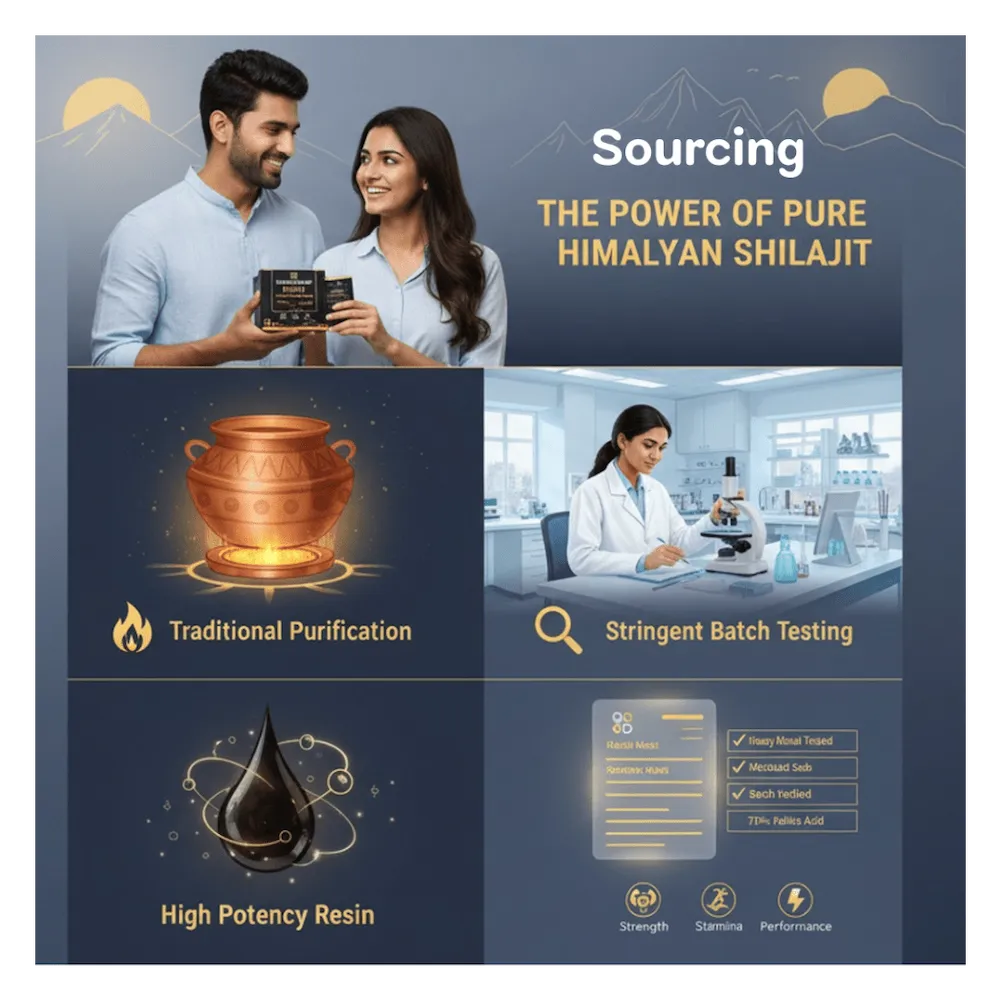 Advertisement for pure Himalayan Shilajit with a man and woman holding a product, laboratory scene, and purification process illustration.
