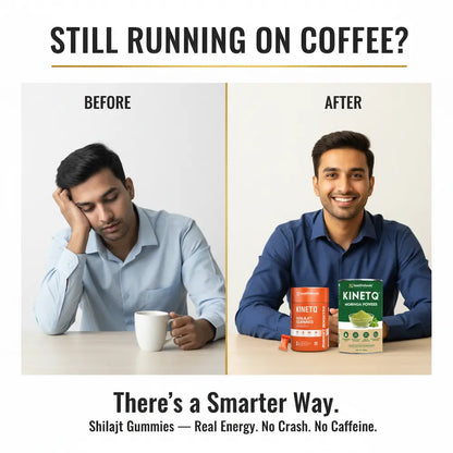 Before and after comparison of a man with coffee and KINETO shilajit gummies, promoting a smarter energy solution.