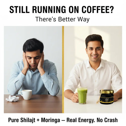 Comparison of a stressed person with coffee on the left and a happy person with a health drink on the right, promoting a better energy solution.