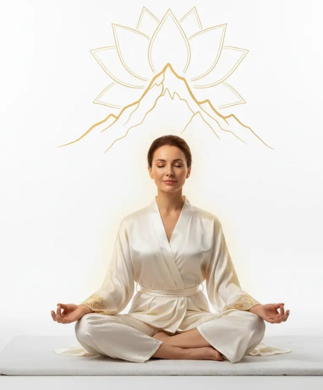 Woman in a white robe meditating with a lotus flower and mountain graphic above her on a white background