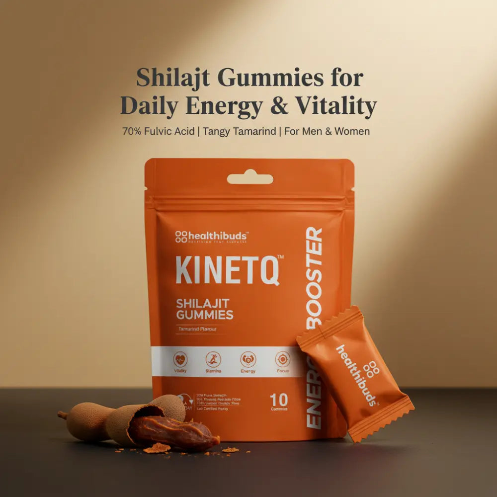 Healthibuds Kinetq Shilajit Gummies packaging on a brown background