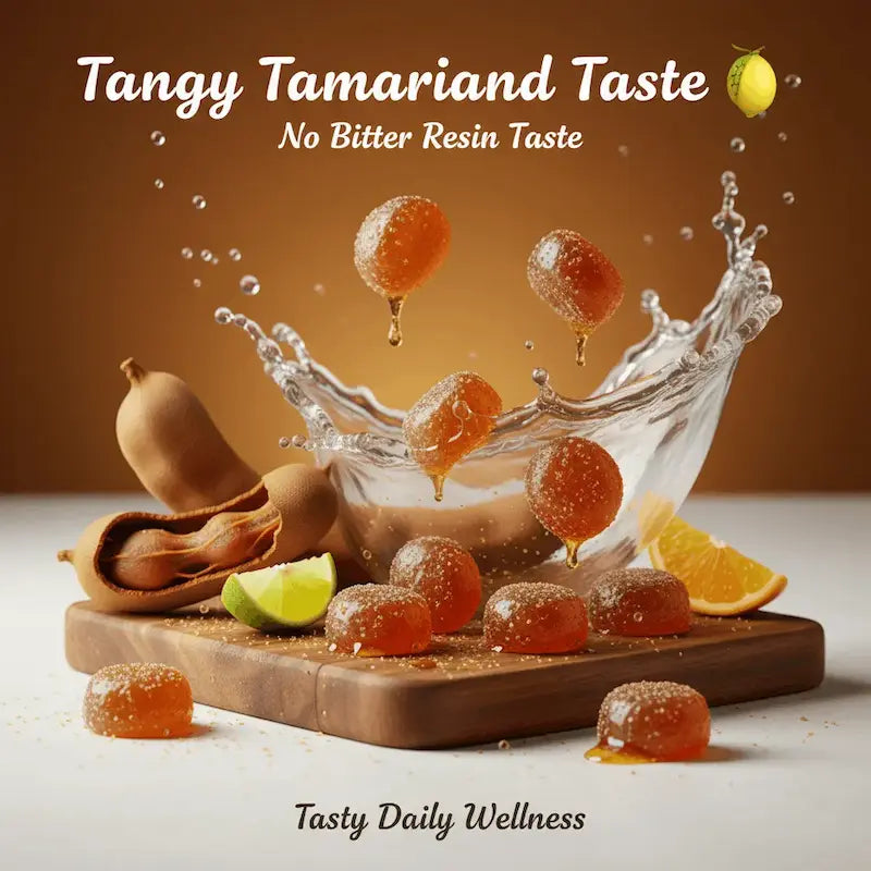 Gummy candies with tamarind flavor on a wooden board with water splash, lemon, and orange slices.