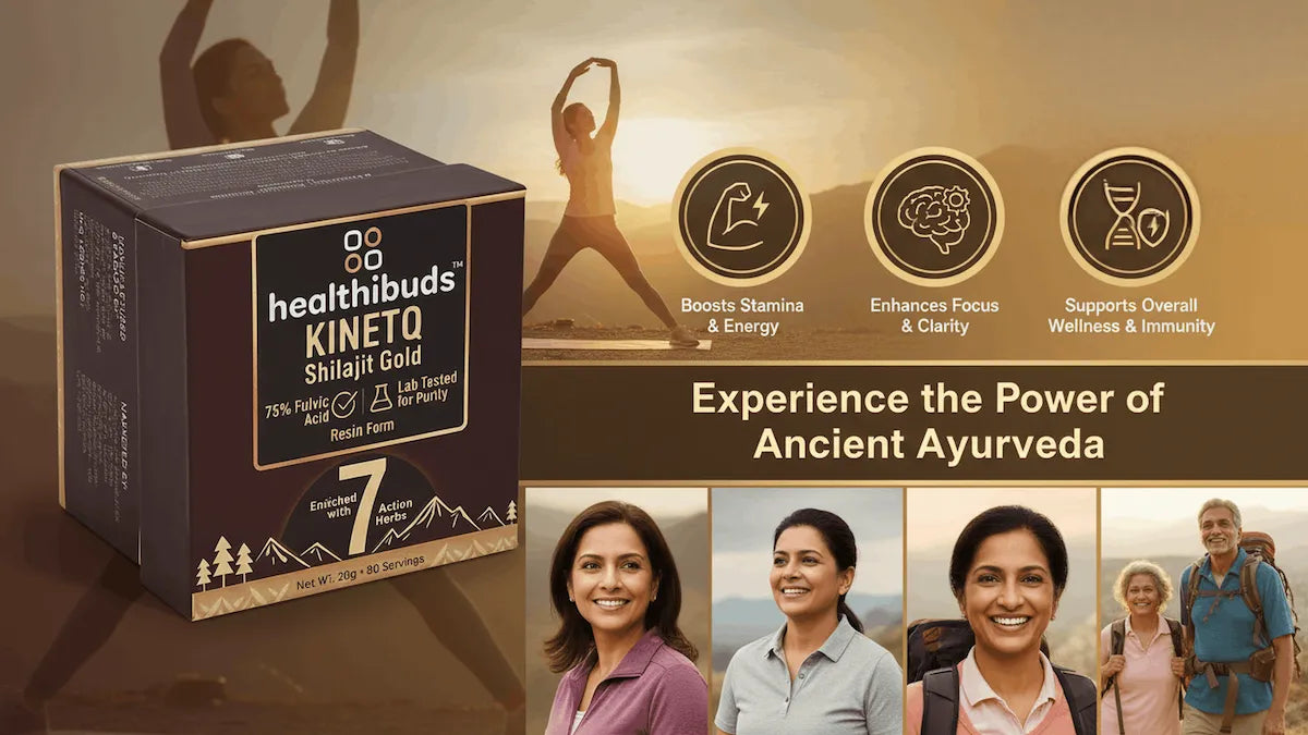 Healthbud's Kinetiq Shilajit Gold packaging with product features and lifestyle images of people outdoors.
